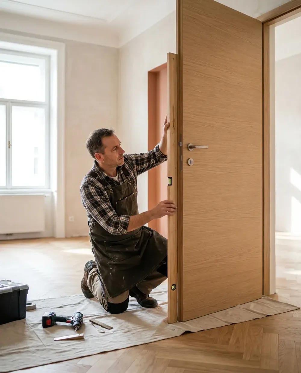 Türenmontage Wien — Monteur baut eine moderne Innentür millimetergenau in die Zarge ein