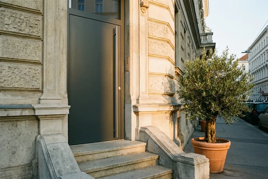 Haustür montieren Wien — anthrazitfarbene Aluminium-Haustür an einem sanierten Stadthaus