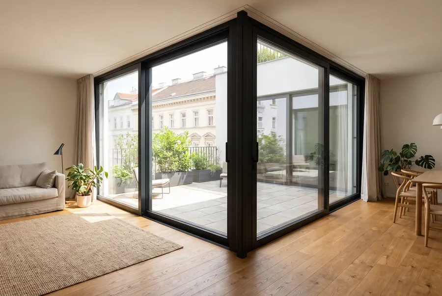 Glastür montieren Wien — Glas-Schiebetür zwischen Wohnzimmer und Terrasse